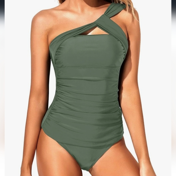 Tempt Me Two Piece Tankini Bathing Suit With One Shoulder Swim Top with Bottom - Picture 1 of 5